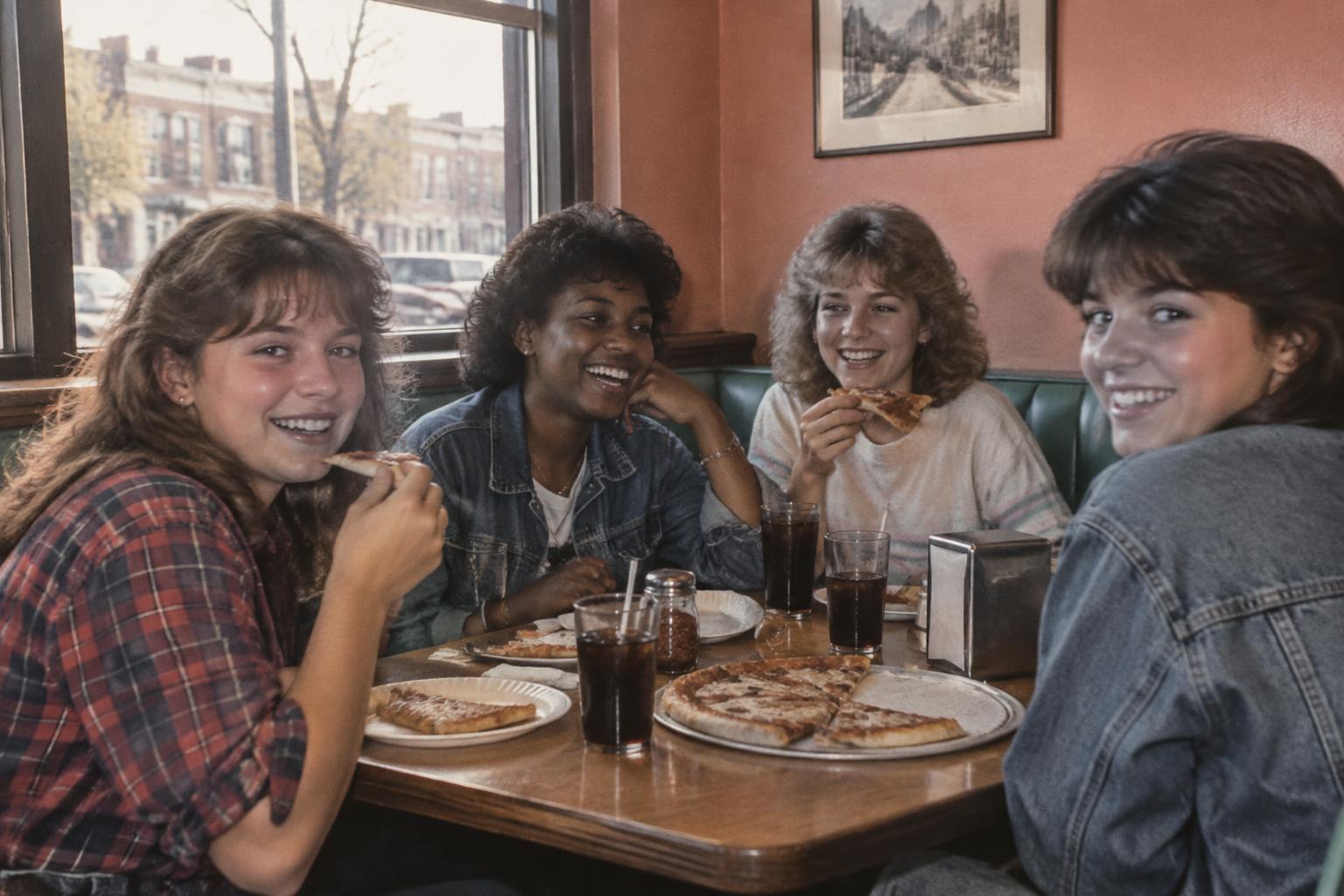 An imagined 1983 scene of four school friends sharing pizza and laughing in a neighborhood hangout