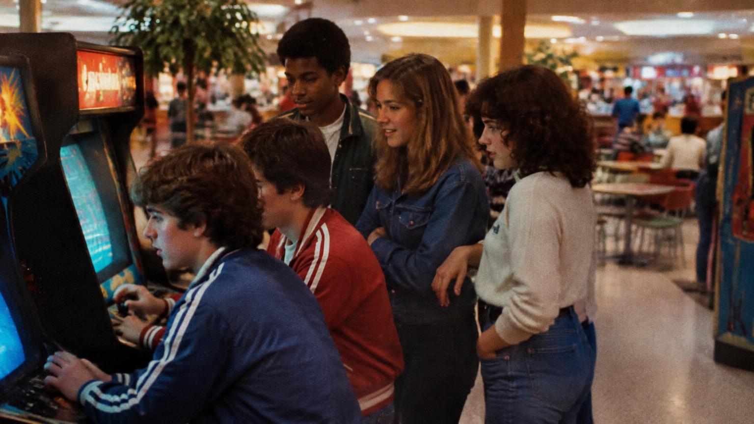 Friends crowded around arcade games inside a shopping mall