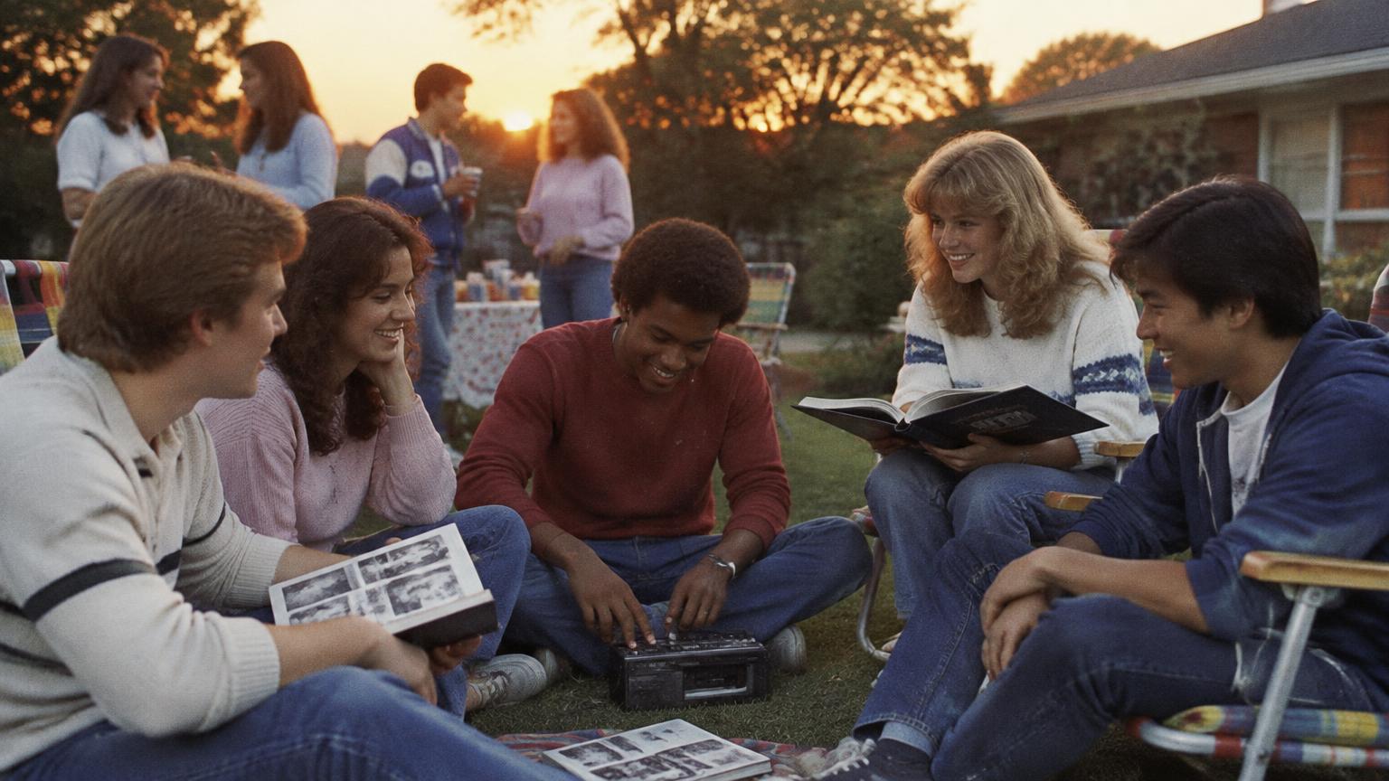 Seniors around a portable cassette player and yearbooks at a backyard party at sunset