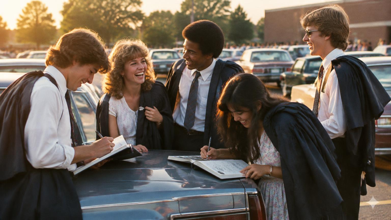 Graduates in gowns signing yearbooks on the hood of a sedan in a school parking lot