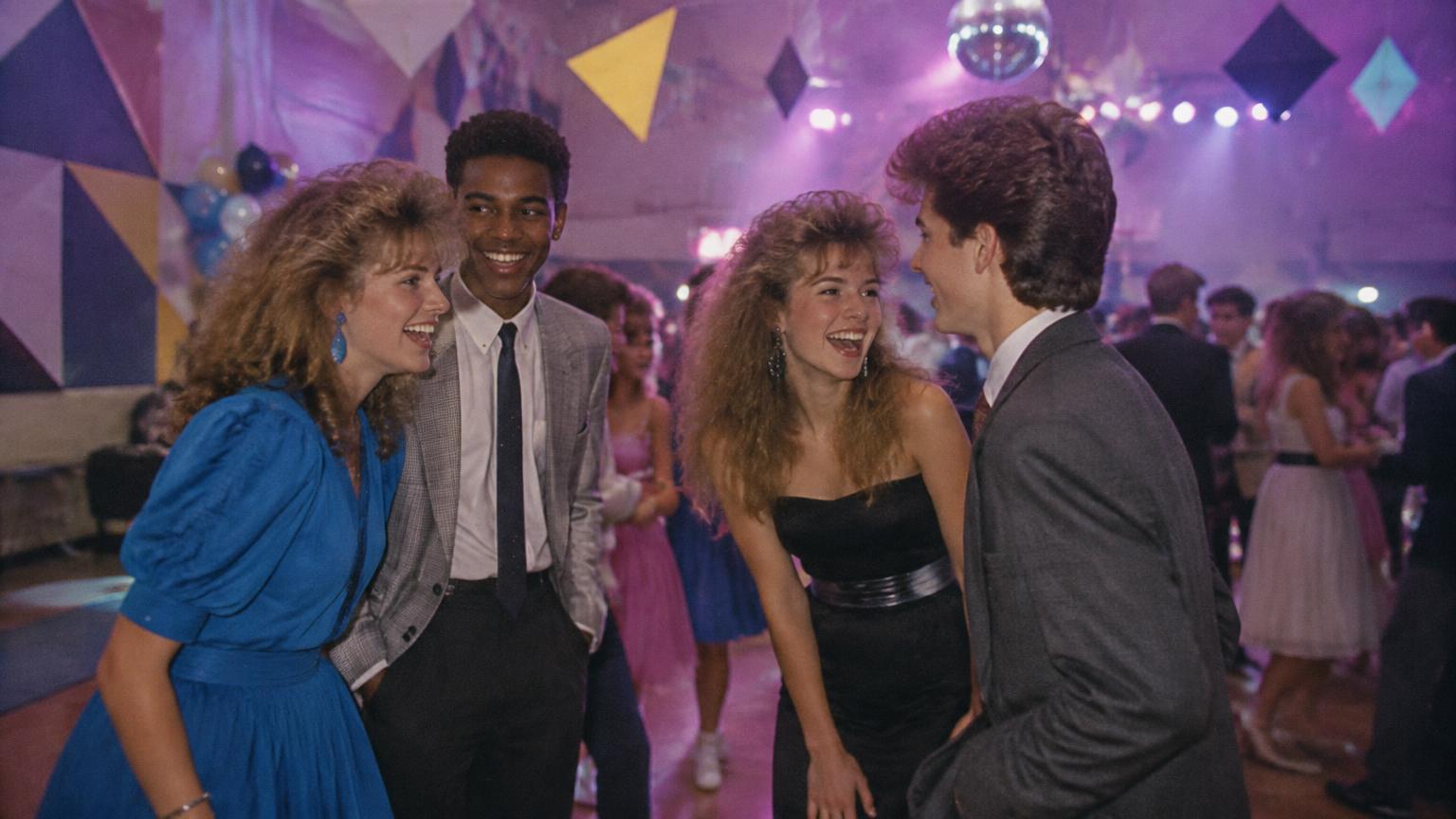 Friends laughing at a school dance in a gym with geometric decorations and violet light
