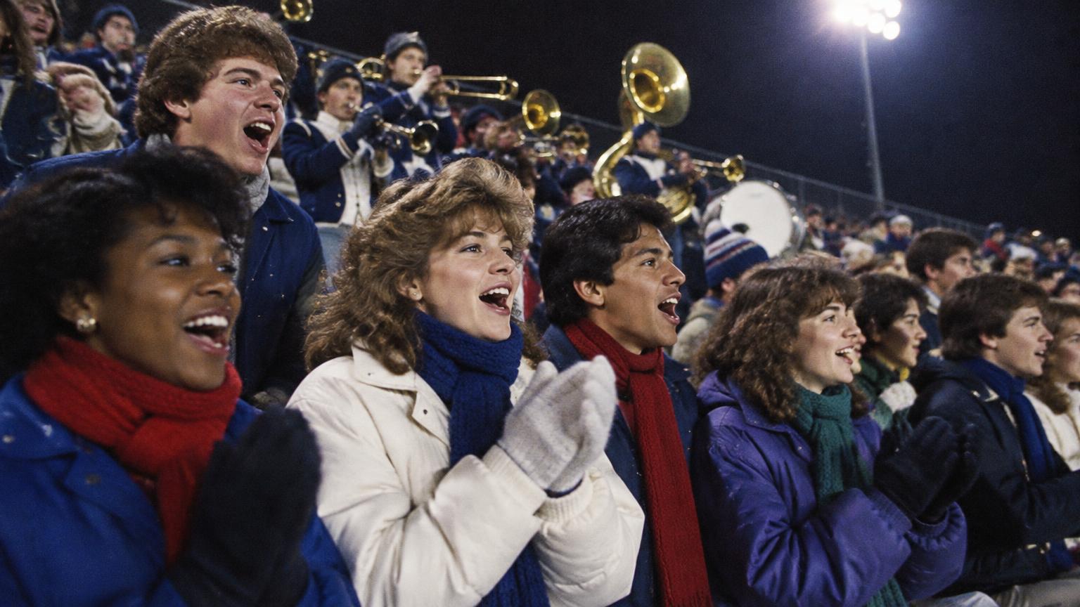 Students in scarves cheering in the bleachers at a night football game with the marching band behind