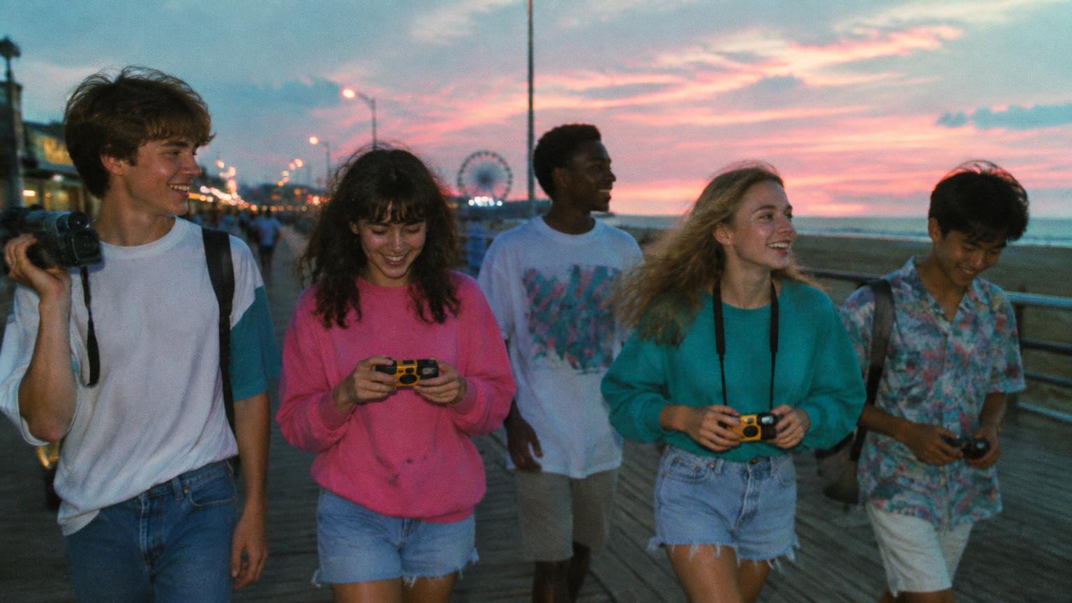 Friends walking a boardwalk at dusk holding a camcorder and disposable cameras